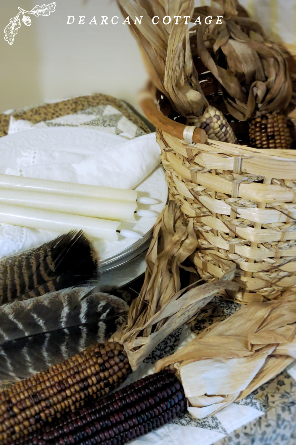 Candles, Turkey Feathers, Basket, Dried Corn, Plates,white Napkins