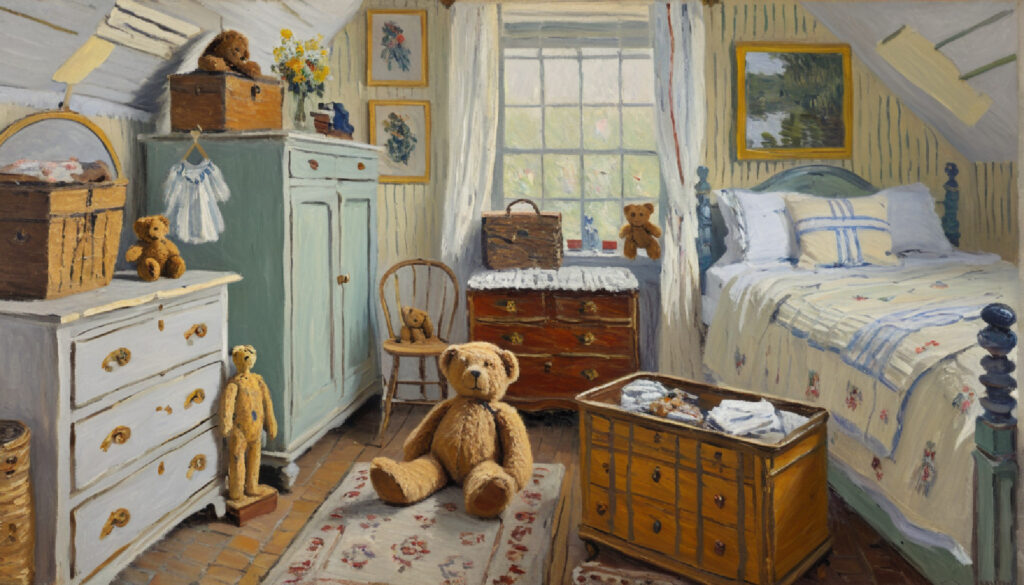 Children's room with teddy bear and quilt bed