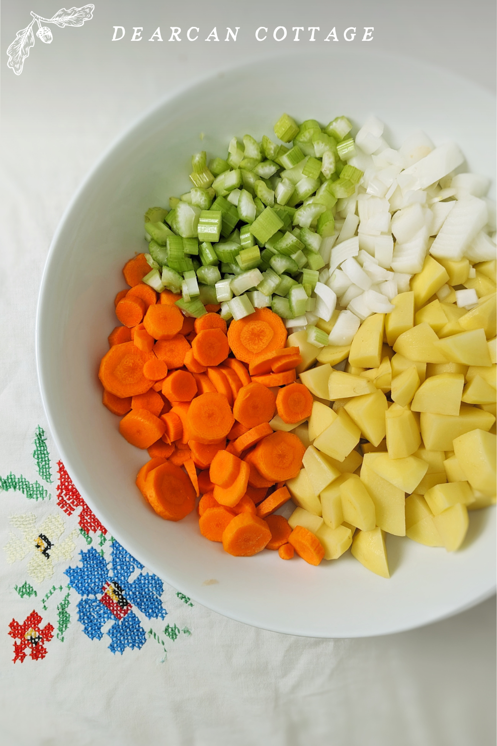 Carrots, onions, potatoes, and celery chopped for soup