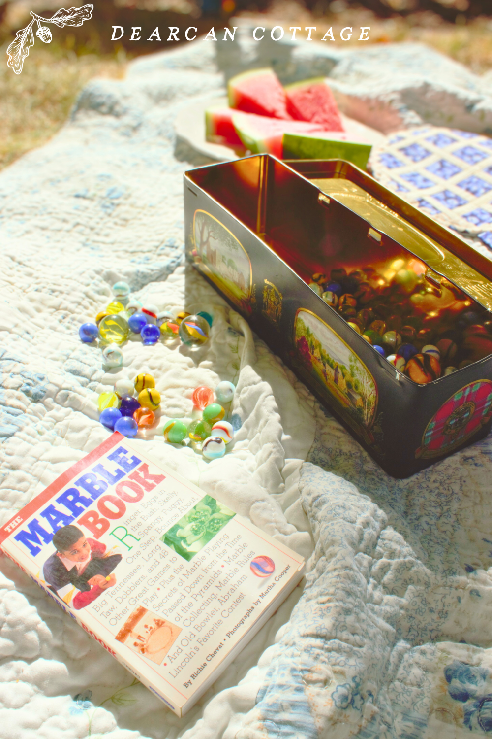 Marbles on a picnic blanket