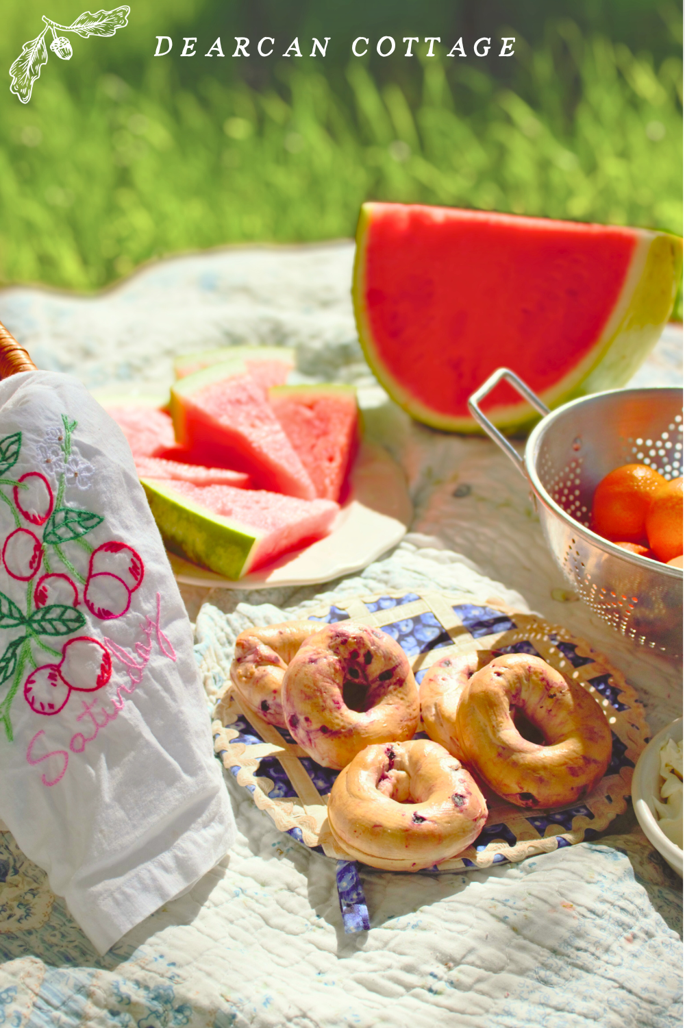 picnic in the backyard, blueberry bagels, oranges in a vintage strainer, cherry embroidery, watermelon