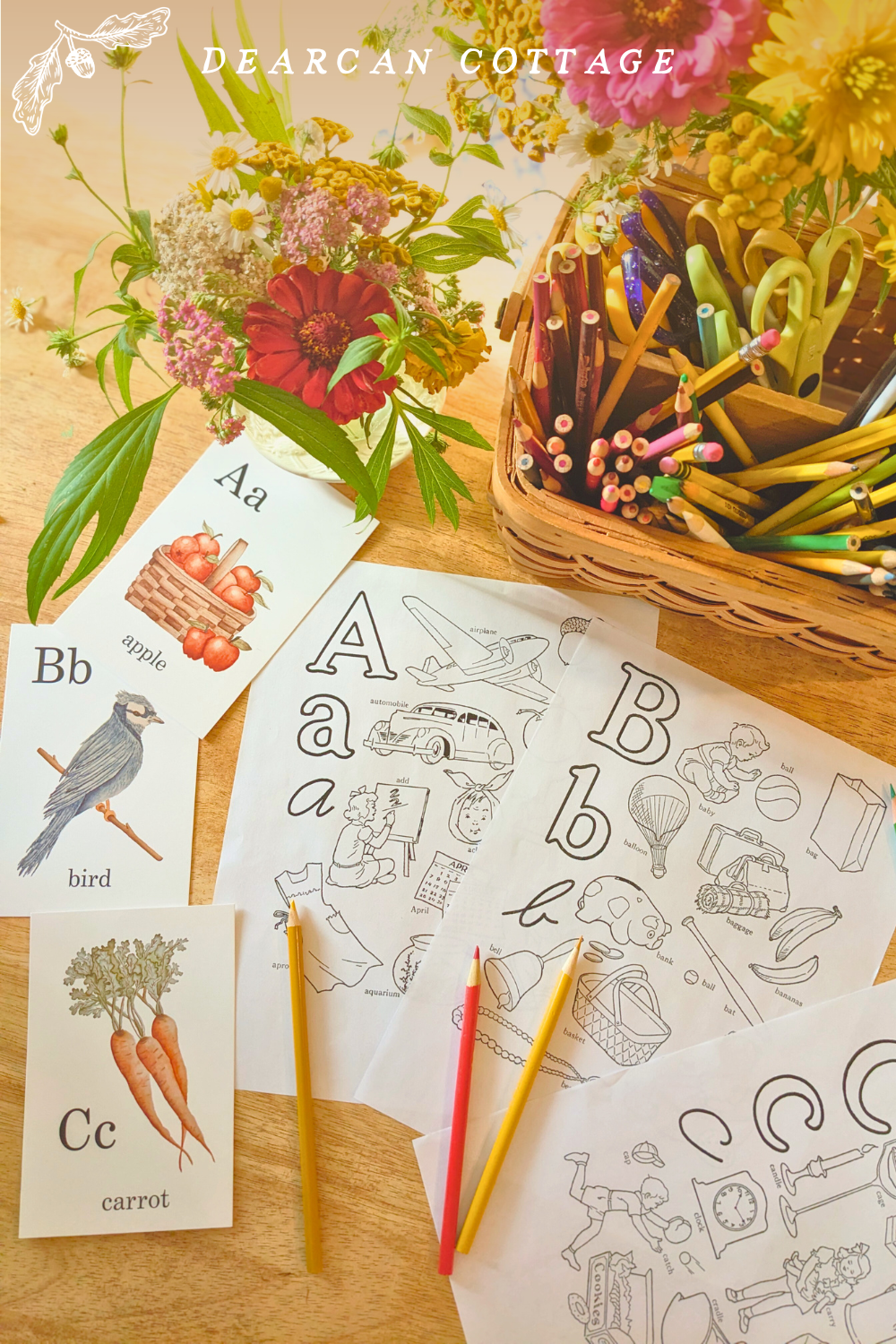 vintage cottagecore ABC letter coloring pages